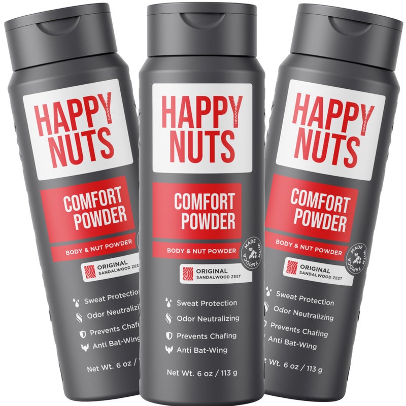 HAPPY NUTS Comfort Powder  Anti Chafing  Deodorant AluminumFree Sweat and Odor Control for Jock Itch Groin and Mens Private Parts 6oz 6 Ounce Pack of 3 Original